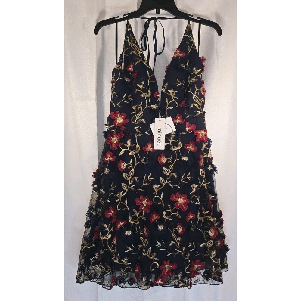 Minuet Petite Black Mini Dress with Red & Gold Floral Embroidery
